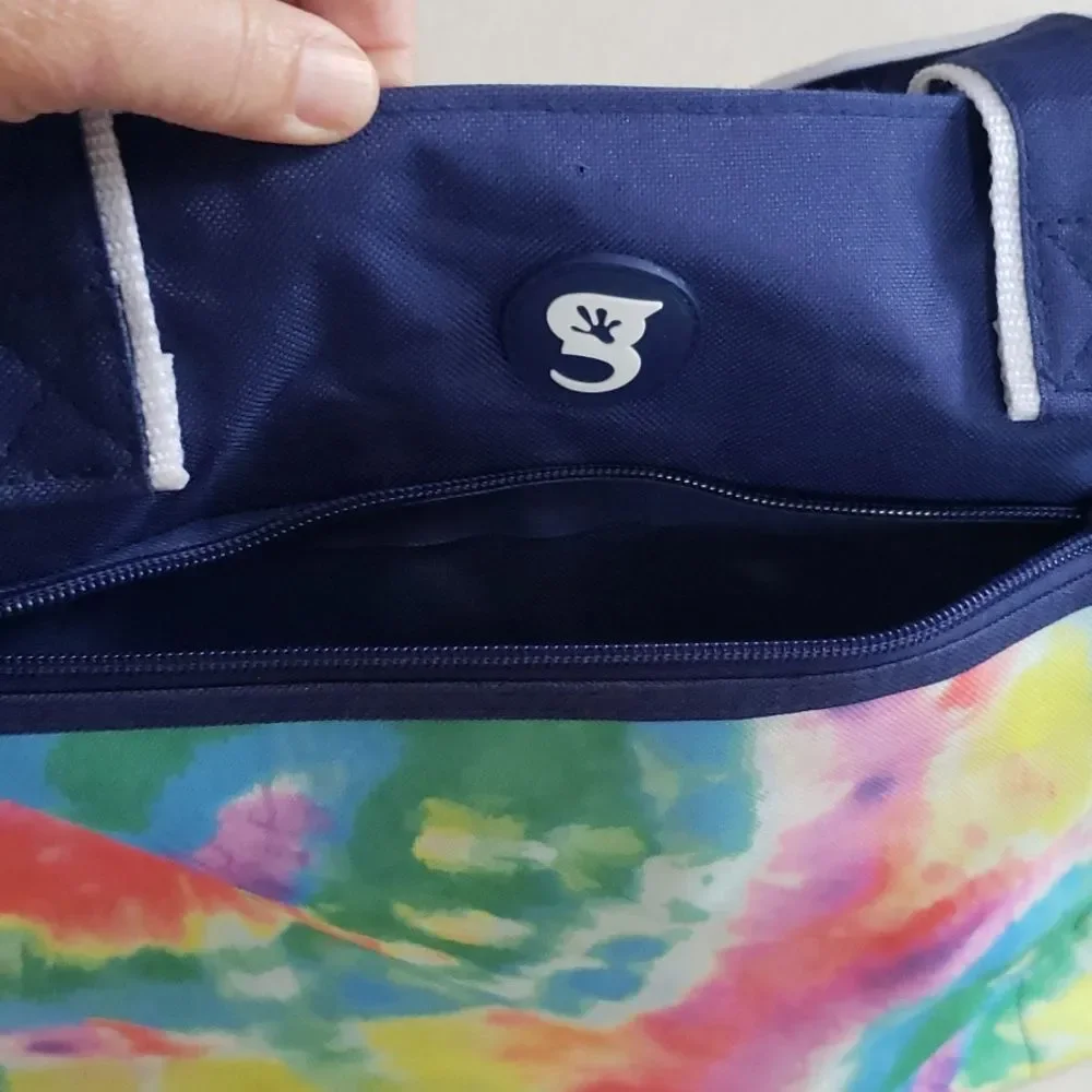 Gecko brands Tote Beach Bag Rainbow Tie Dye Navy Blue White Trim Oversized
